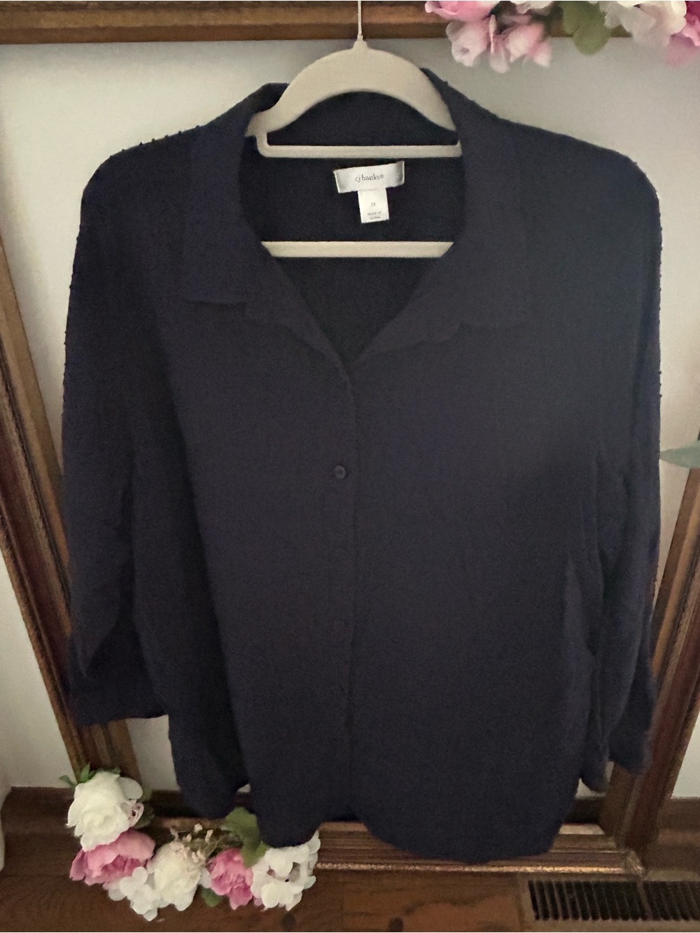 CJ Banks Navy Button-Front Collared Blouse